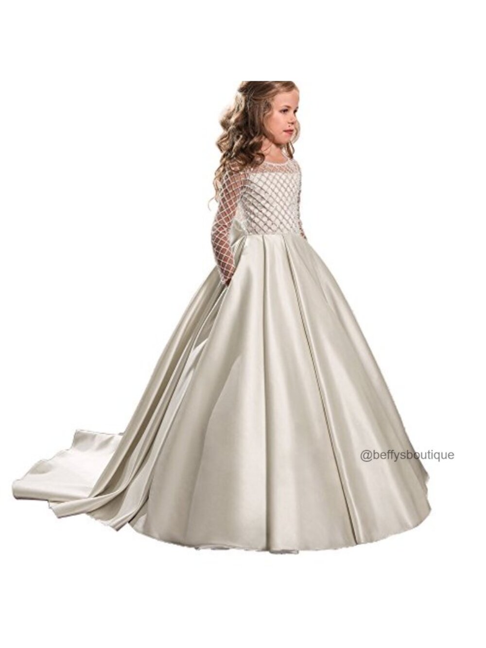 Satin Flower Girl Dress Beaded Mesh Train Formal Pageant Gown Long Sleeve